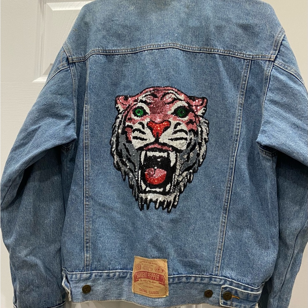 Unisex Size Large Vintage Sergent Pepper Denim Jacket Sequined Tiger Graphic